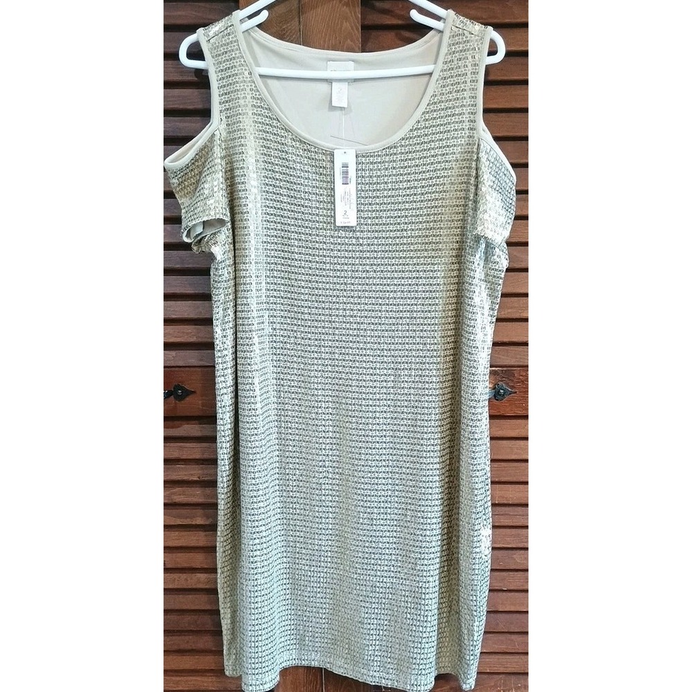 Chicos Sequin Cold-Shoulder Dress Size 2P US Large Gold Shift Short Sleeve